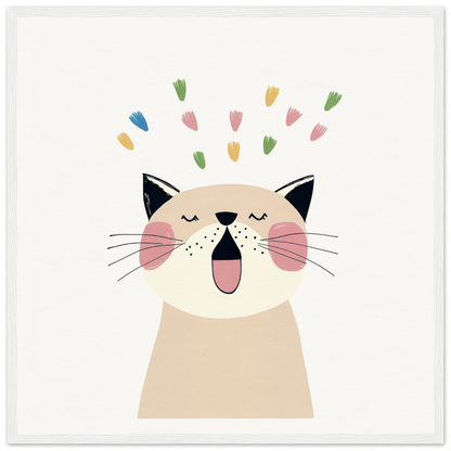 Happy cartoon cat with colorful confetti in Whiskered Euphoria Dance product design