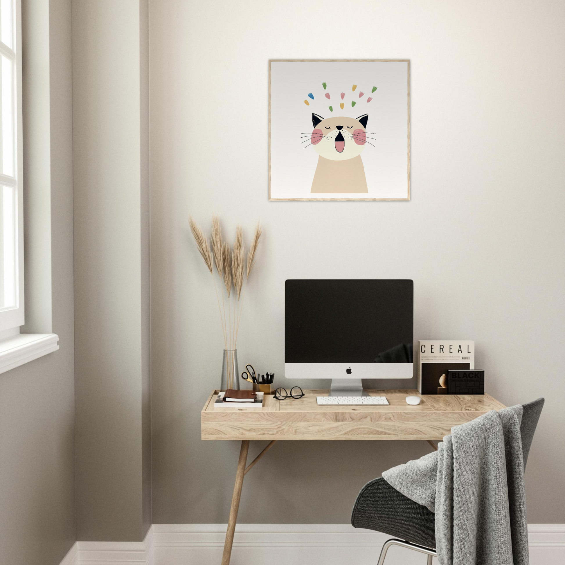 Minimalist wooden desk featuring an iMac and sleek office accessories in Whiskered Euphoria Dance