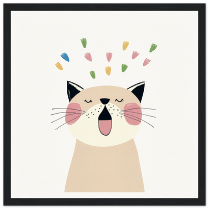 Happy cartoon cat surrounded by colorful confetti in Whiskered Euphoria Dance