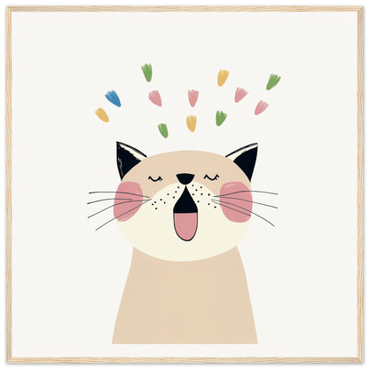 Happy cartoon cat with closed eyes and confetti in Whiskered Euphoria Dance