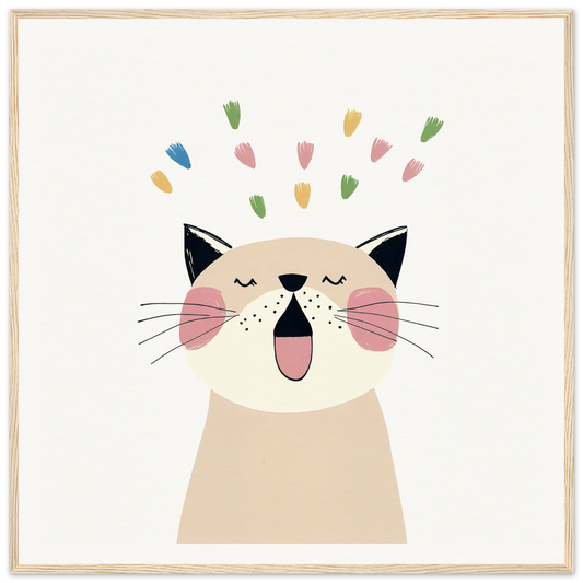 Happy cartoon cat with closed eyes and confetti in Whiskered Euphoria Dance