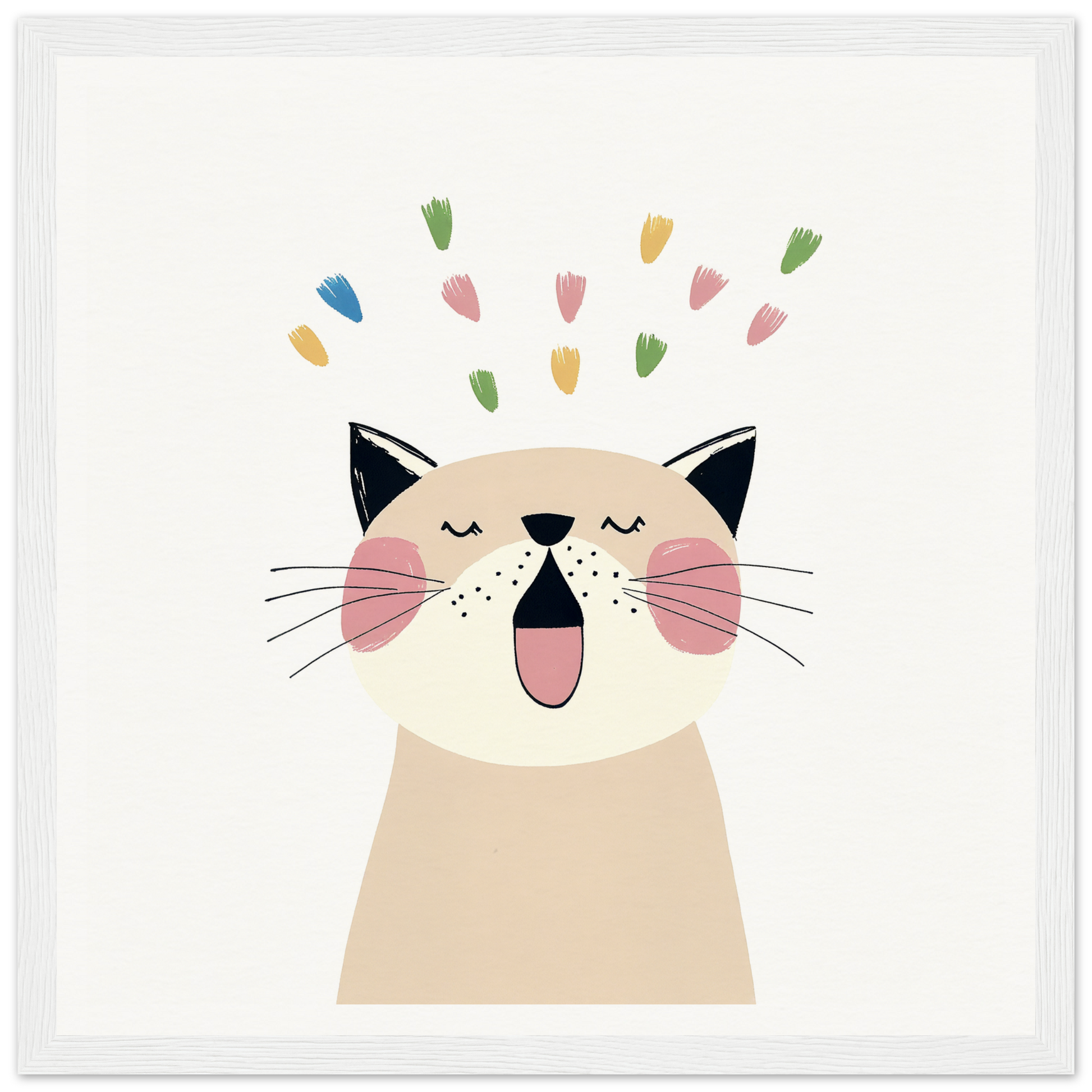 Happy cartoon cat with closed eyes and colorful hearts above, embodying Whiskered Euphoria Dance