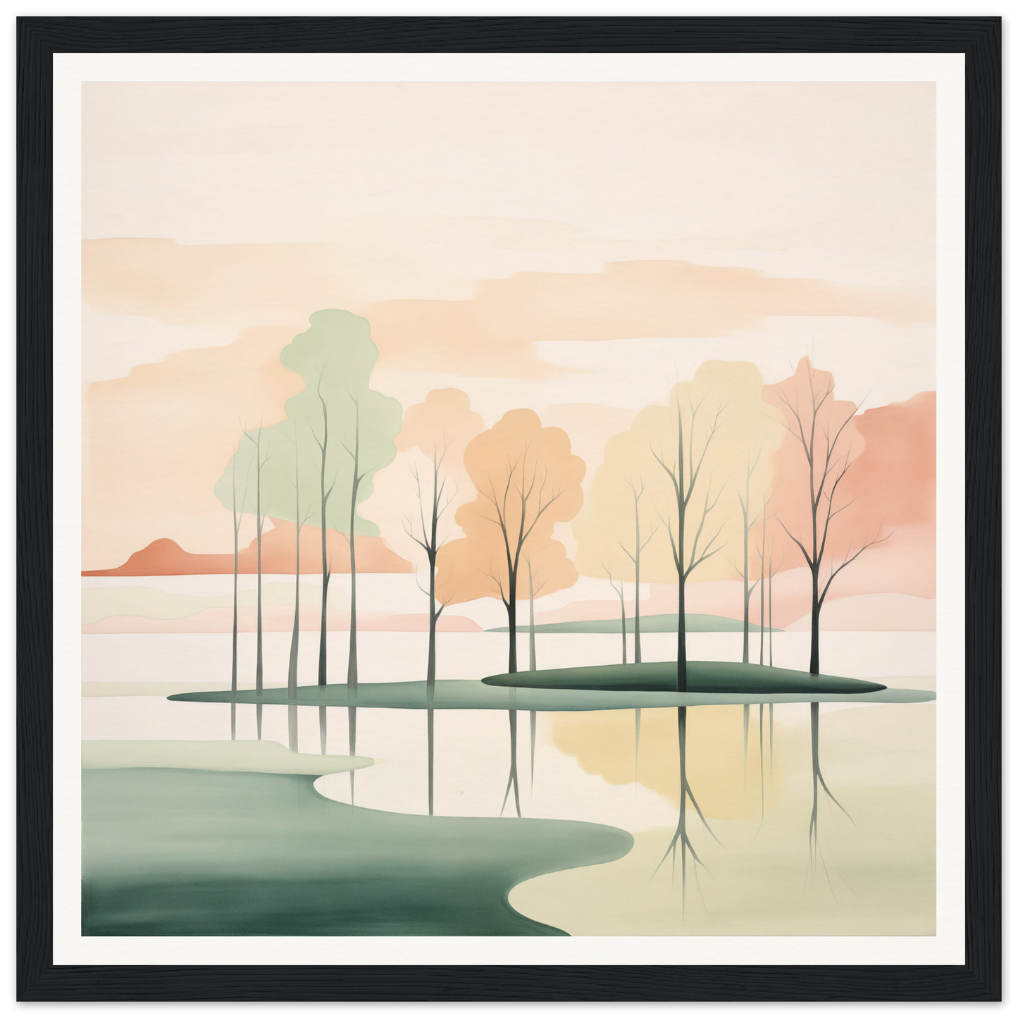 Minimalist landscape painting reflecting trees in calm water by Whispered Nature Glows