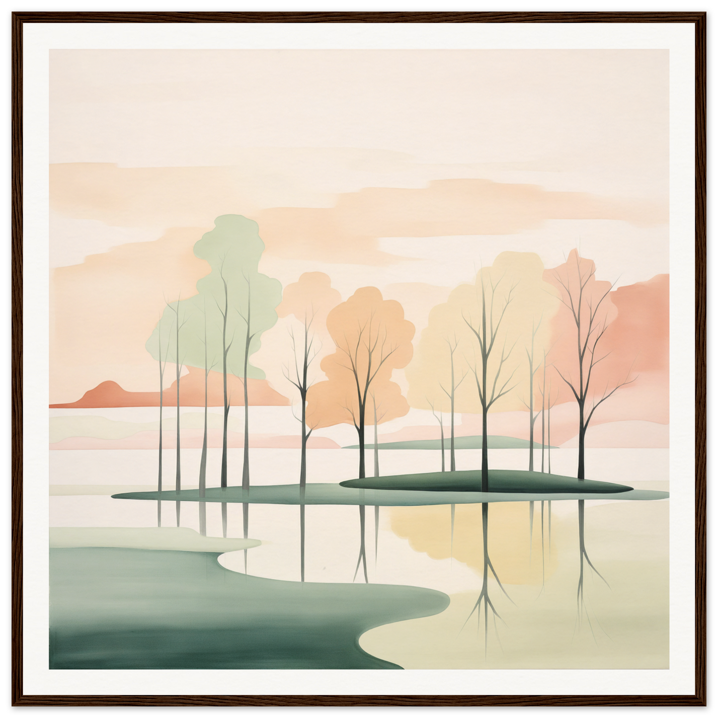 Minimalist landscape with trees and reflections in soft pink and green tones for Whispered Nature Glows