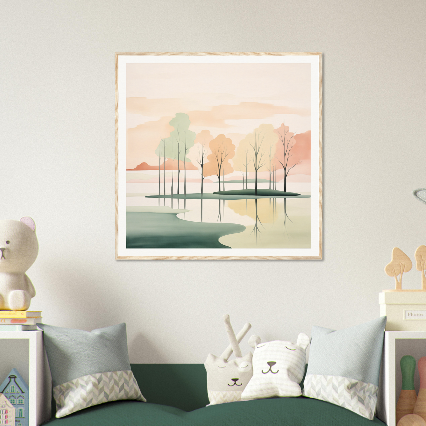 Framed watercolor of trees reflecting in water at sunset, part of Whispered Nature Glows