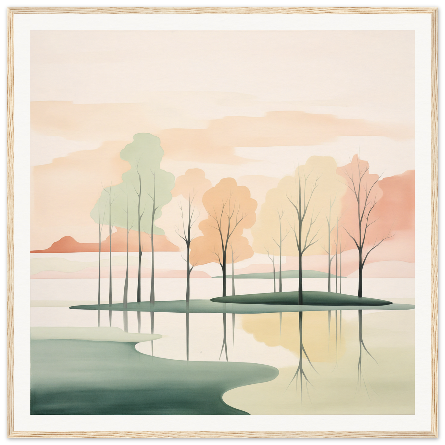 Minimalist landscape painting of trees and reflections in water, Whispered Nature Glows