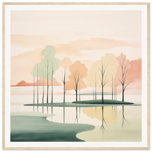 Minimalist landscape painting of trees and reflections in water, Whispered Nature Glows