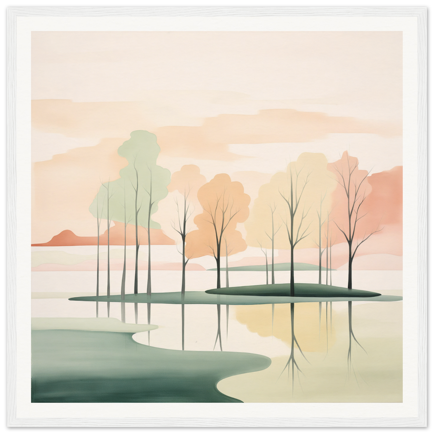 Minimalist landscape painting of trees in calm water, part of Whispered Nature Glows