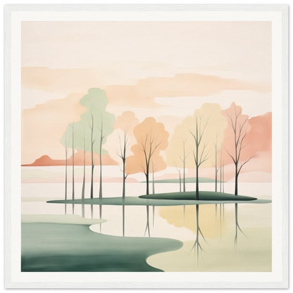 Minimalist landscape painting of trees in calm water, part of Whispered Nature Glows