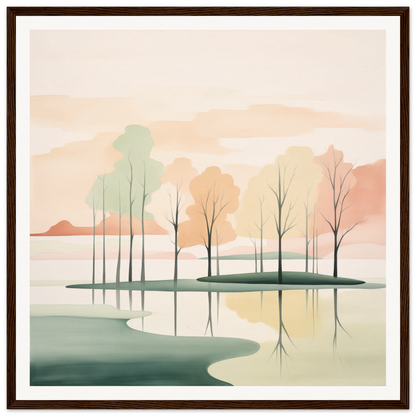 Minimalist landscape painting of trees reflecting in calm water from Whispered Nature Glows