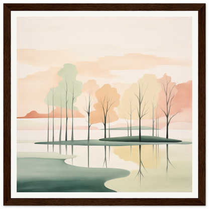 Minimalist landscape painting of trees reflected in calm waters in Whispered Nature Glows