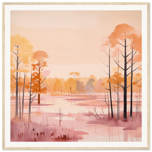 Misty wetland landscape with bare trees in warm autumn colors for Whispered Peach Embrace