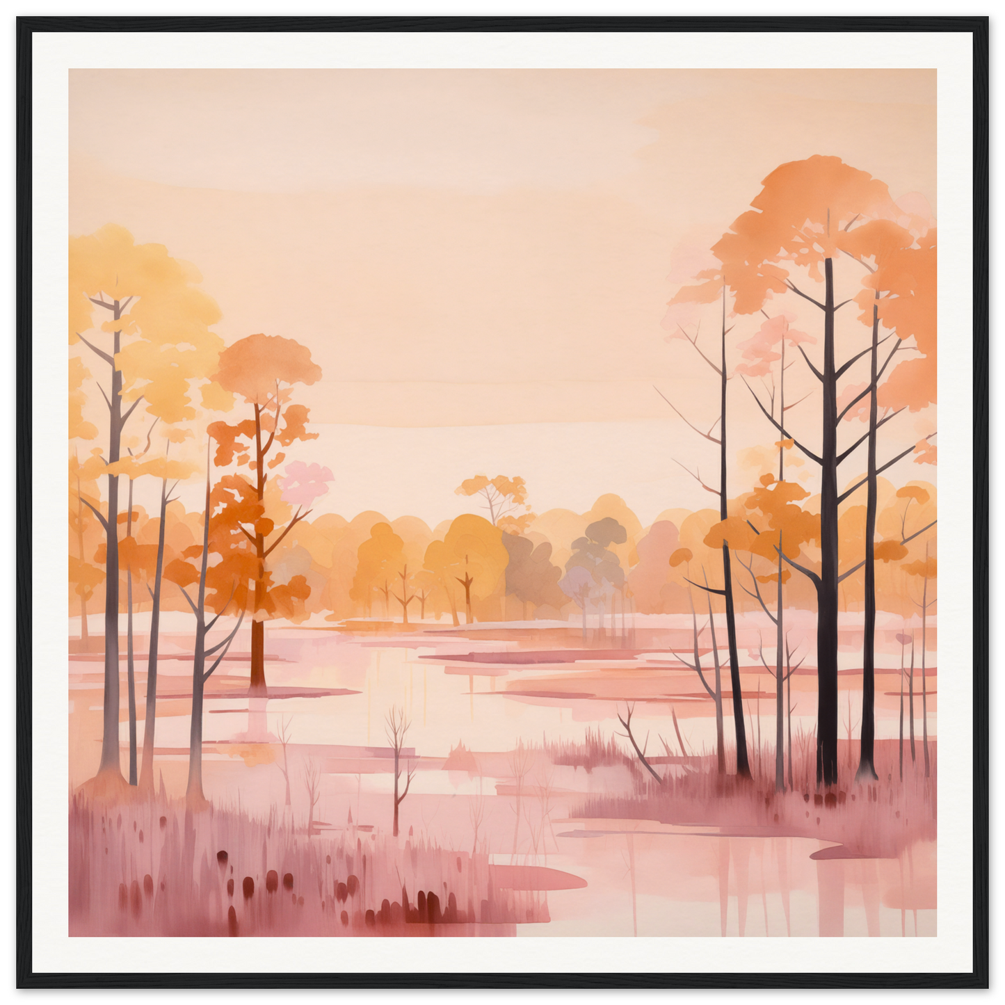 Peaceful watercolor landscape of a misty swamp and autumn trees in Whispered Peach Embrace