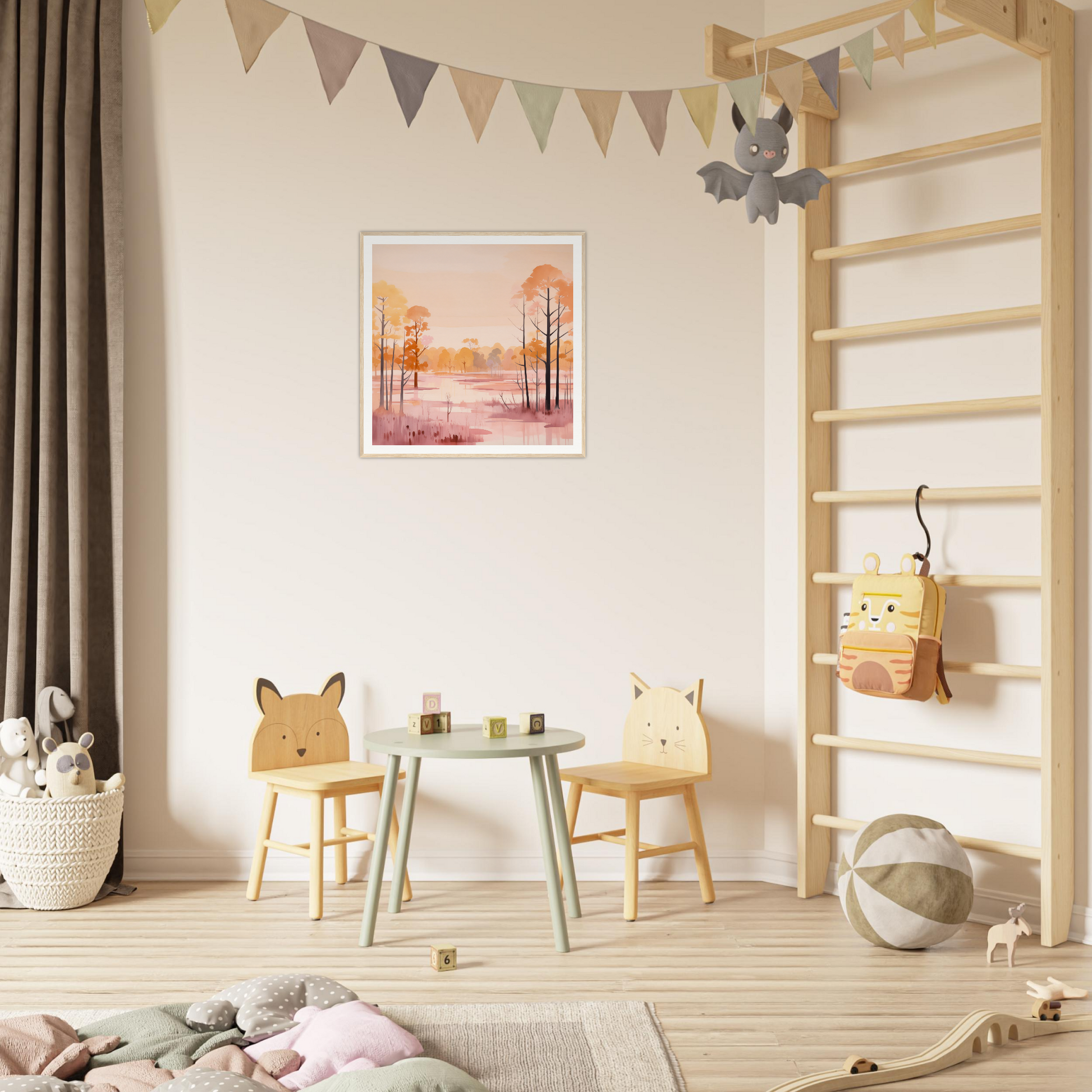 Children’s play area featuring animal-themed chairs and a mint green table in Whispered Peach Embrace