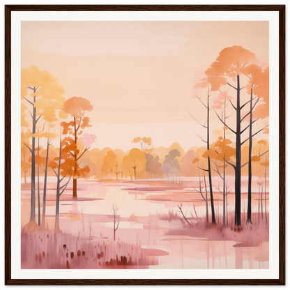 Peaceful watercolor landscape of autumn trees by a misty lake in Whispered Peach Embrace