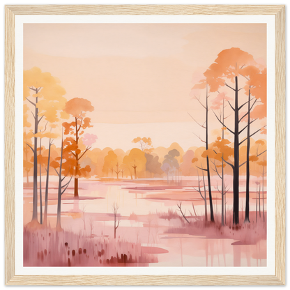 Watercolor painting of autumn wetland with bare trees in whispered peach embrace tones