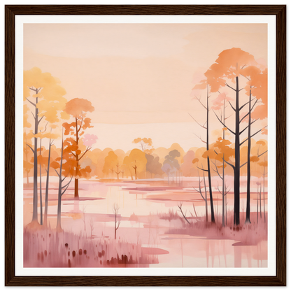 Watercolor painting of an autumn lakeside scene in Whispered Peach Embrace hues