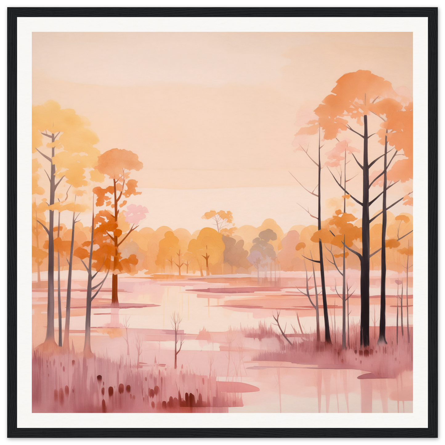 Peaceful watercolor landscape of autumn trees in soft peach embrace colors