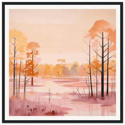 Peaceful watercolor landscape of autumn trees in soft peach embrace colors