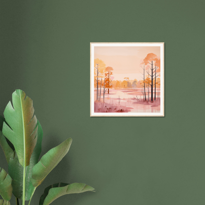 Framed watercolor of a misty forest at sunset titled Whispered Peach Embrace