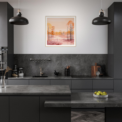 Modern dark kitchen featuring industrial pendant lights and Whispered Peach Embrace artwork