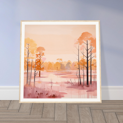 Framed watercolor painting of misty autumn landscape in Whispered Peach Embrace