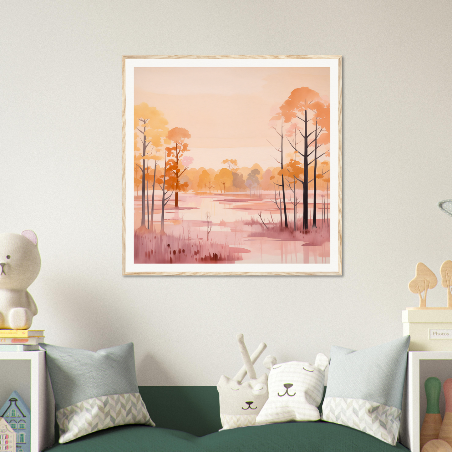 Framed watercolor painting of a sunset forest in pink and orange tones, Whispered Peach Embrace