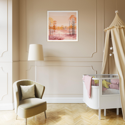 Modern nursery with a white crib and beige canopy in whispered peach embrace design