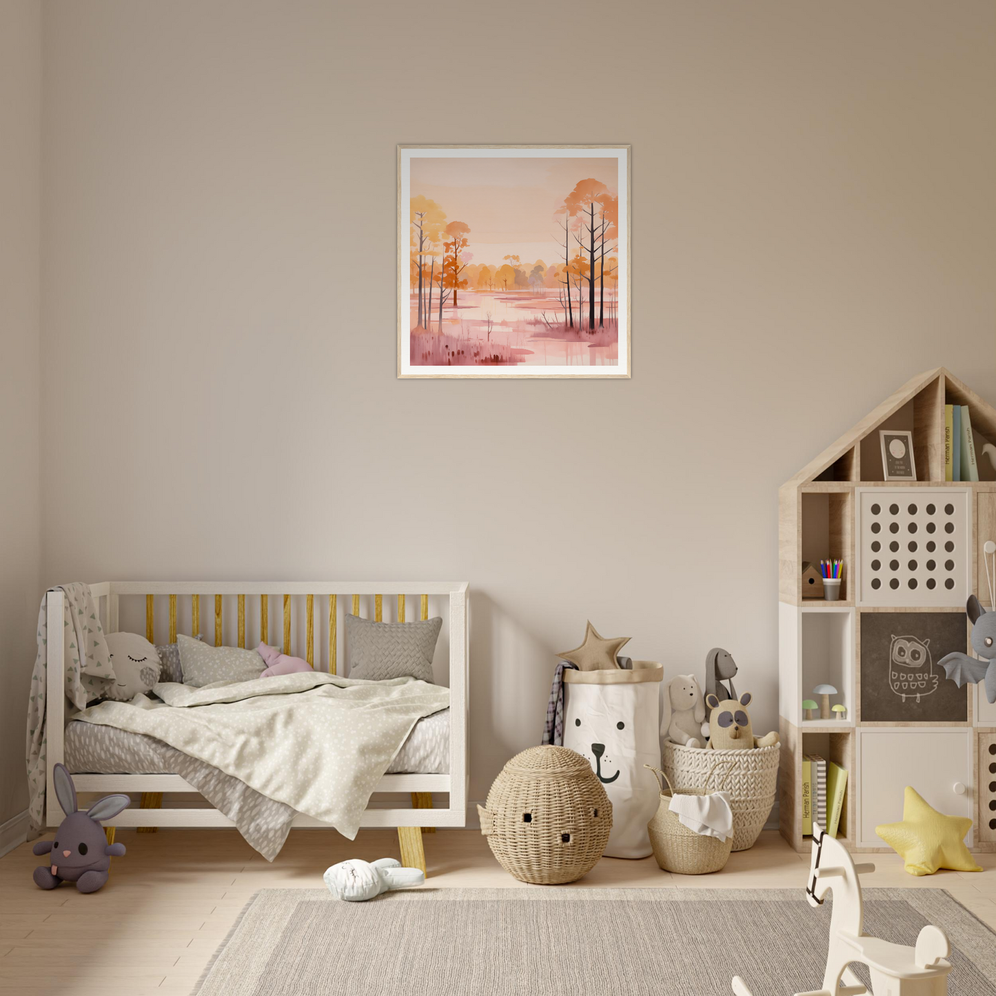 Cozy nursery featuring Whispered Peach Embrace with wooden crib and decorative wall art