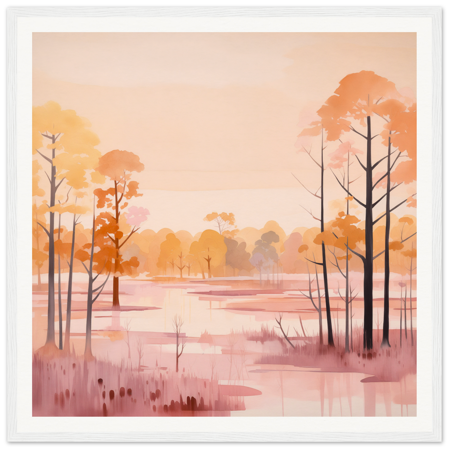 Peaceful watercolor landscape of a misty swamp showcasing the whispered peach embrace