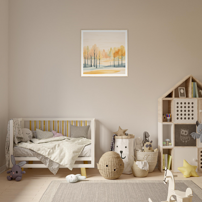 Wooden crib adorned with gray bedding, part of the Whispering Autumn Reverie collection