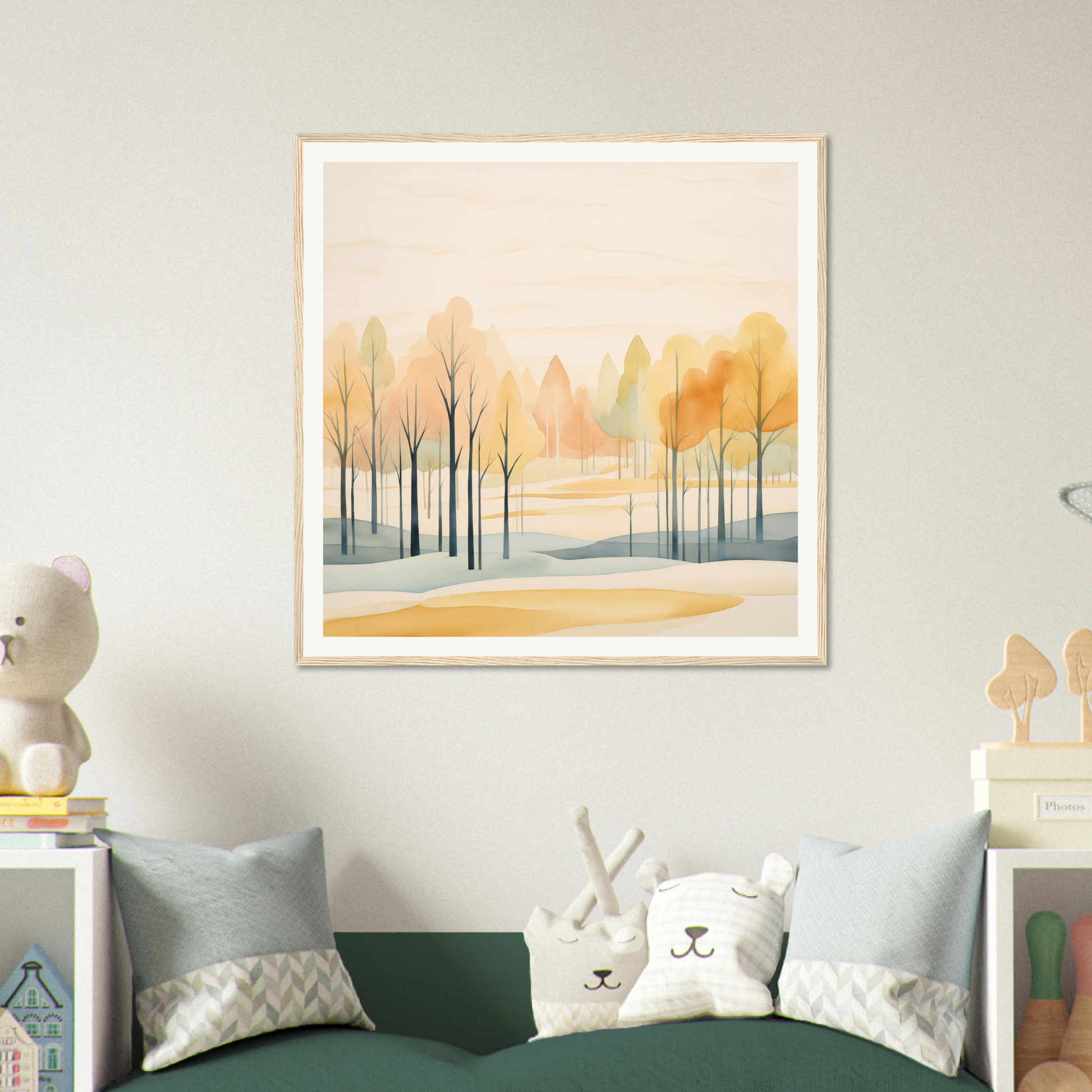 Framed watercolor painting of autumn trees, embodying Whispering Autumn Reverie