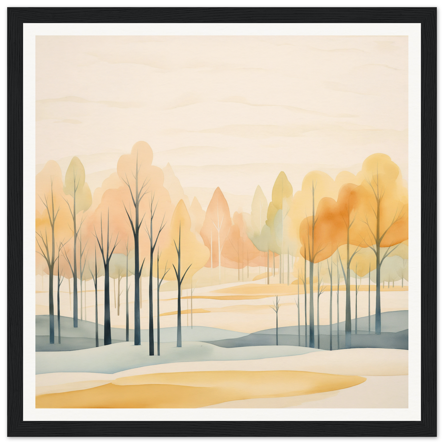 Watercolor painting of autumn trees in muted orange and gray for Whispering Autumn Reverie