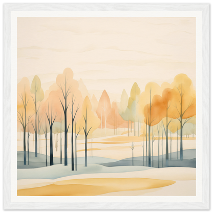 Watercolor painting of autumn trees in muted tones for Whispering Autumn Reverie