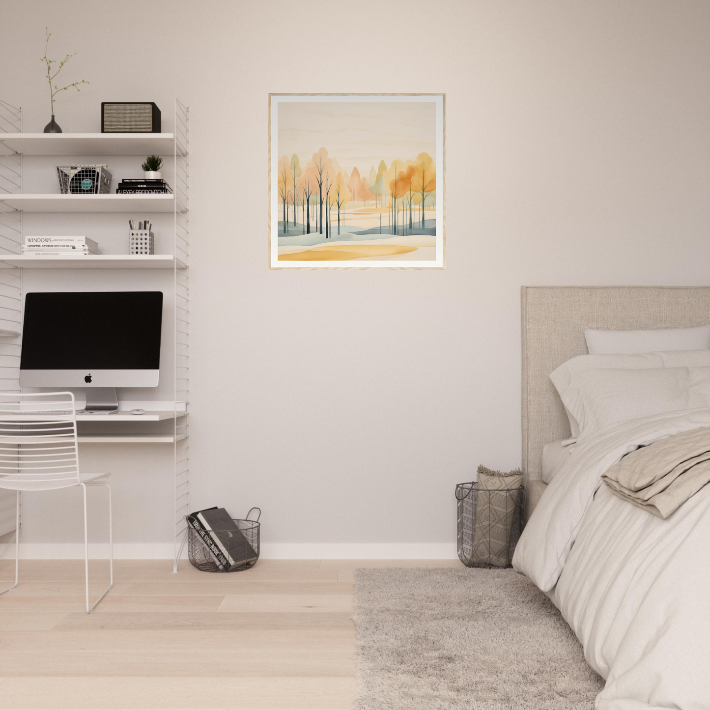 Minimalist bedroom featuring Whispering Autumn Reverie artwork and an iMac on floating shelves