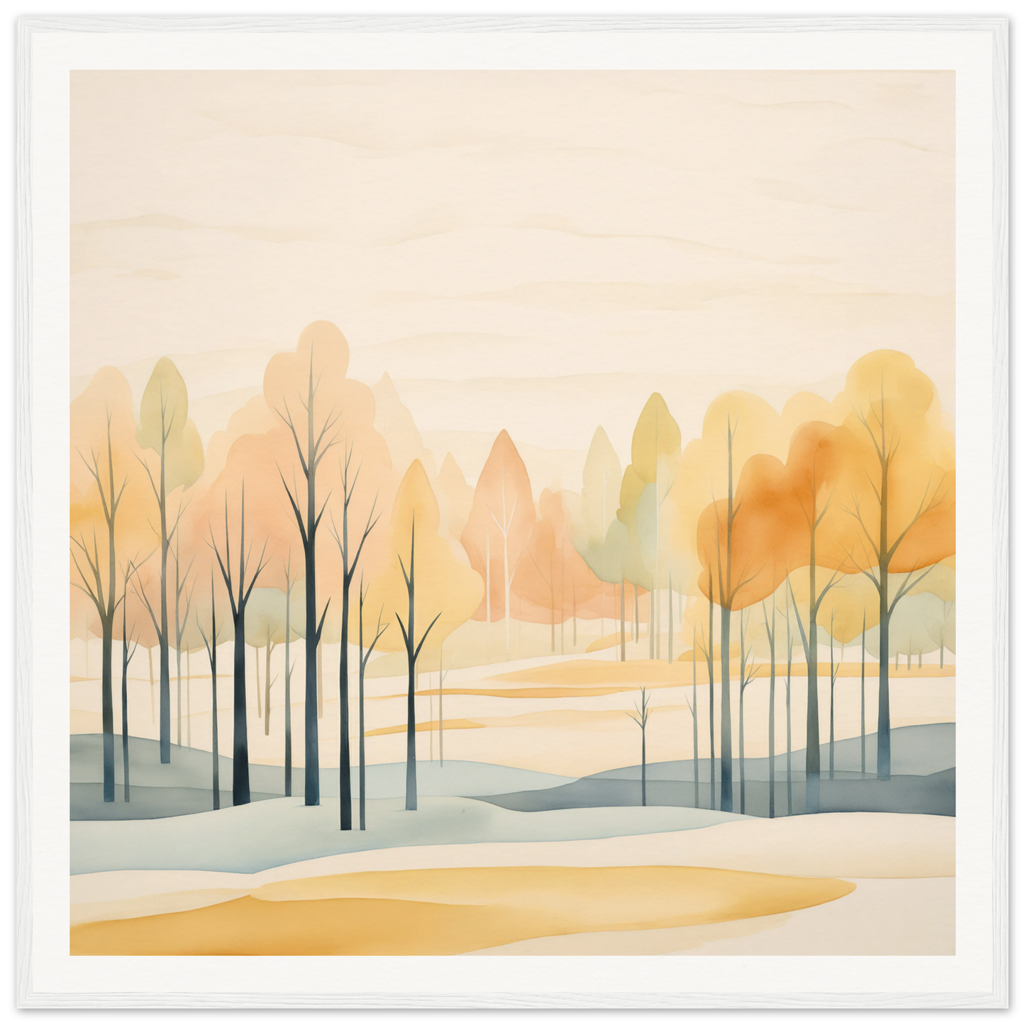 Watercolor landscape of autumn trees in muted tones for Whispering Autumn Reverie