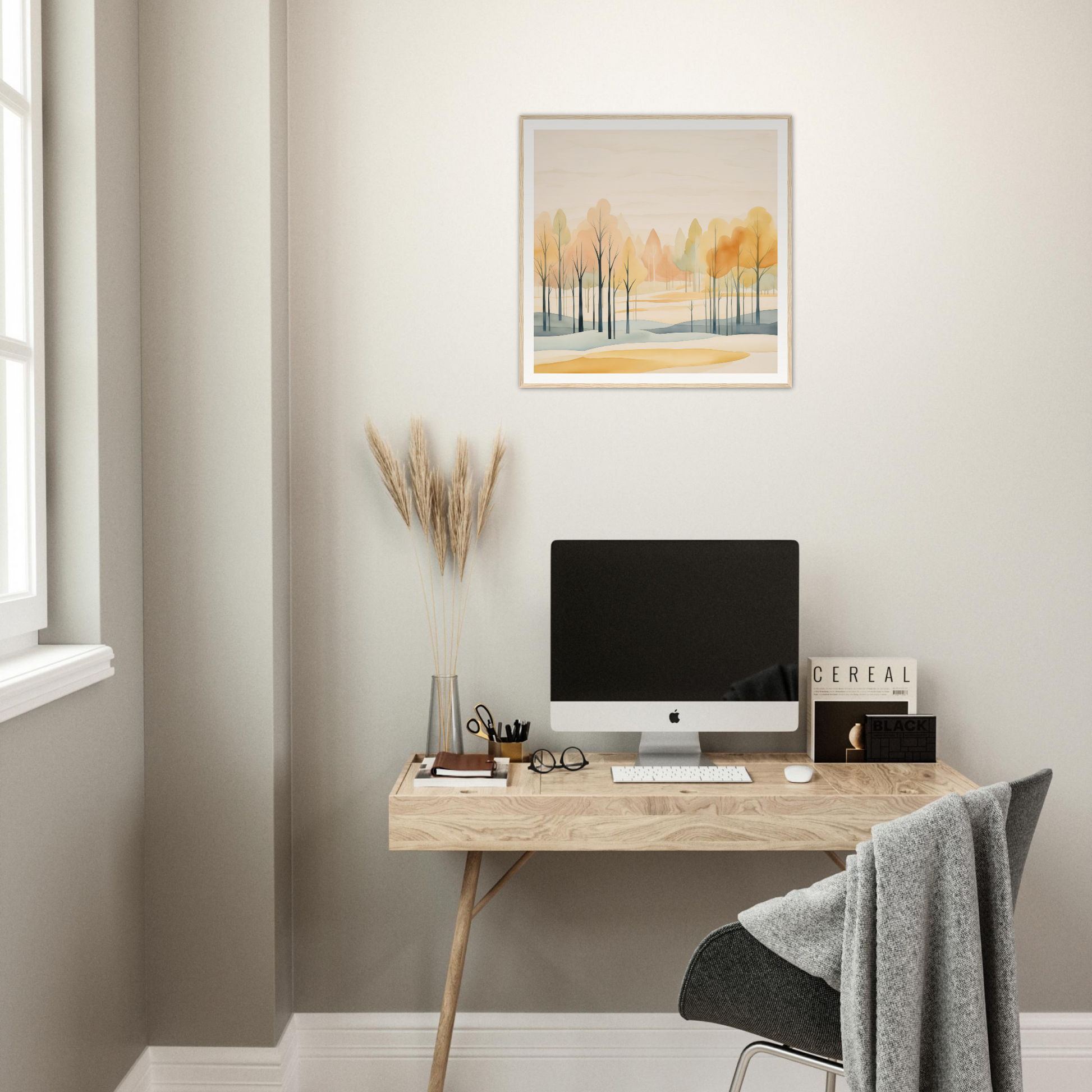 Minimalist wooden desk with iMac and decor in Whispering Autumn Reverie style