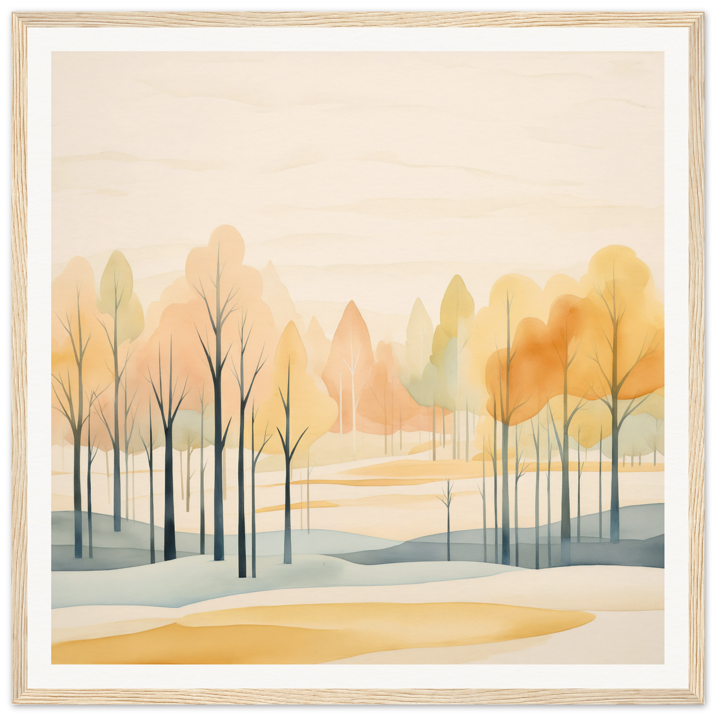 Watercolor painting of autumn trees in muted tones for Whispering Autumn Reverie