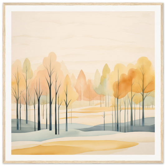 Watercolor painting of a misty autumn forest in Whispering Autumn Reverie