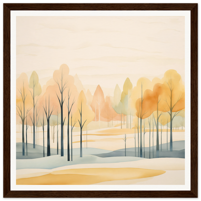 Watercolor painting of autumn trees in orange and yellow for Whispering Autumn Reverie