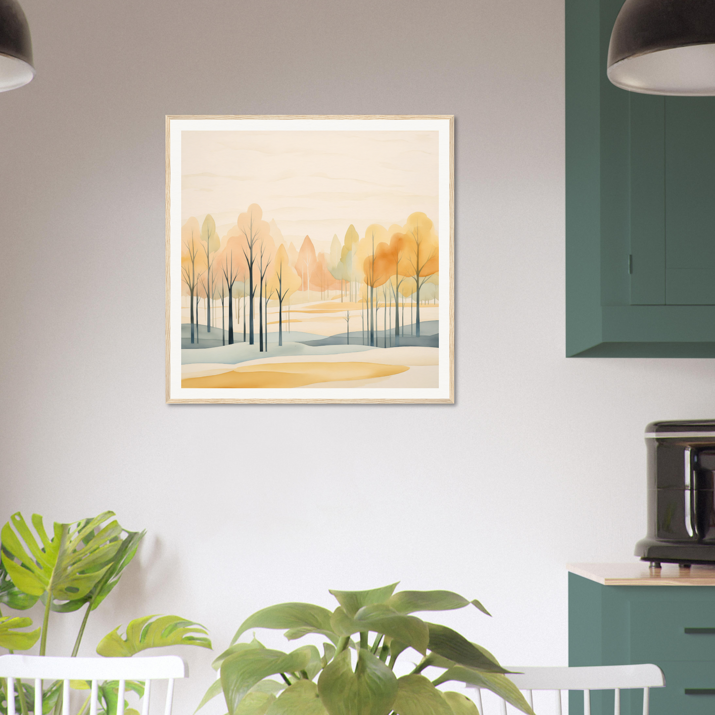 Framed watercolor painting of whispering autumn reverie with misty landscape trees