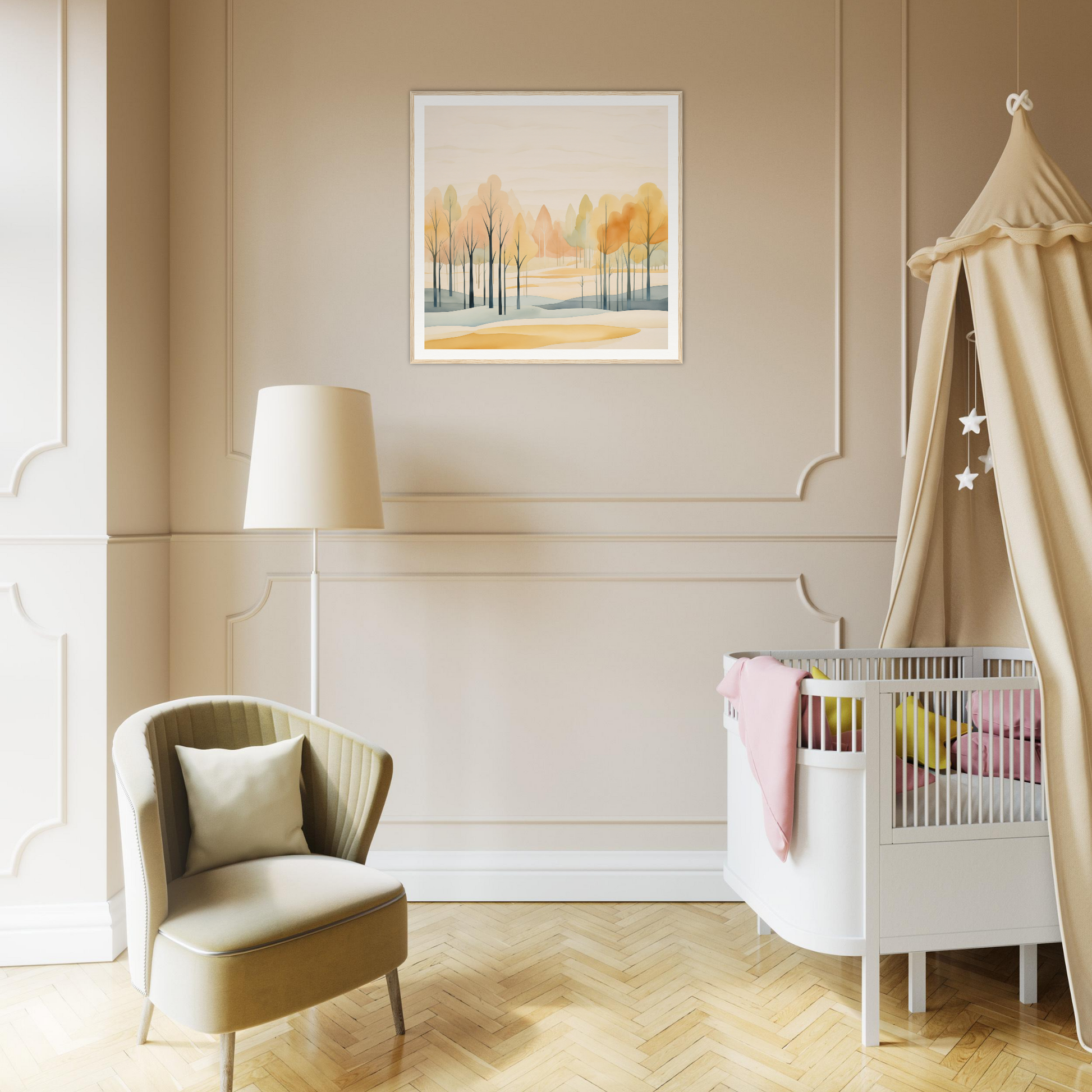 Modern nursery with a white crib and beige canopy, inspired by Whispering Autumn Reverie