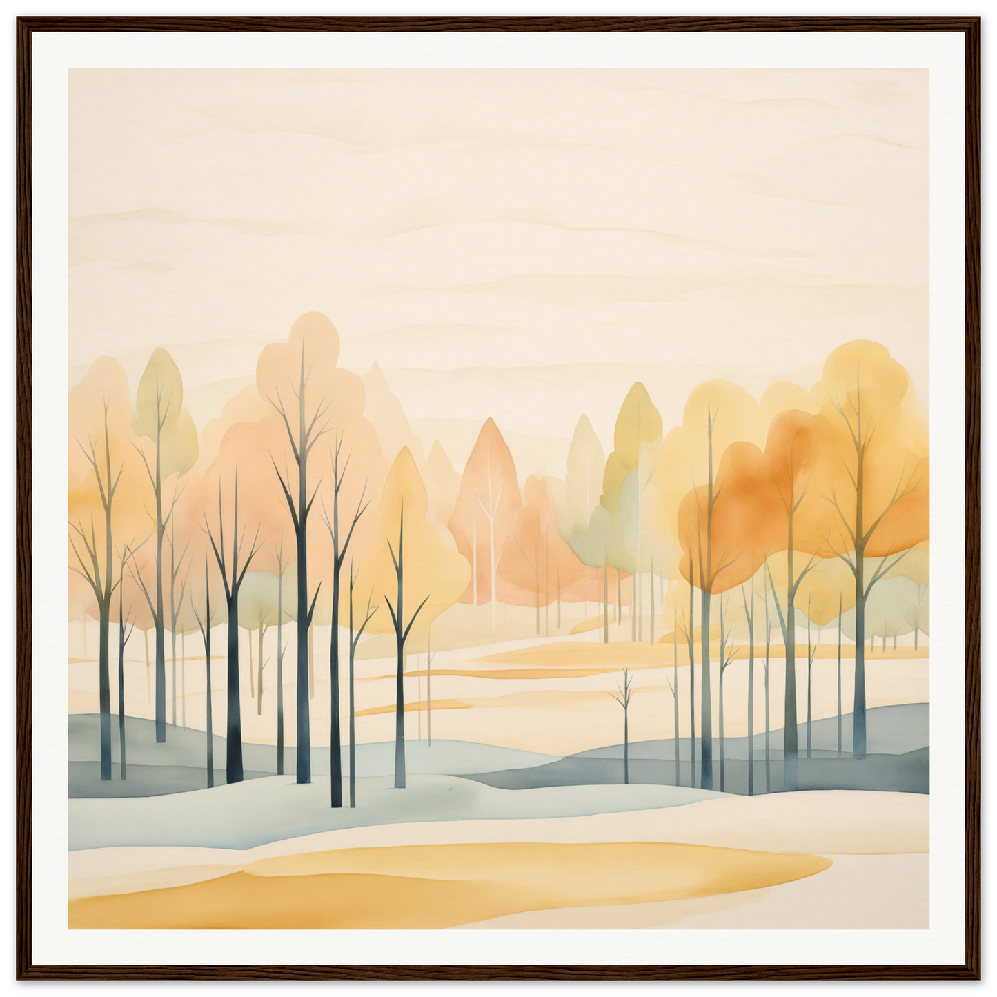 Watercolor painting of autumn trees in muted tones for Whispering Autumn Reverie