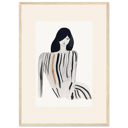 Minimalist illustration of a woman with long dark hair and a striped top.