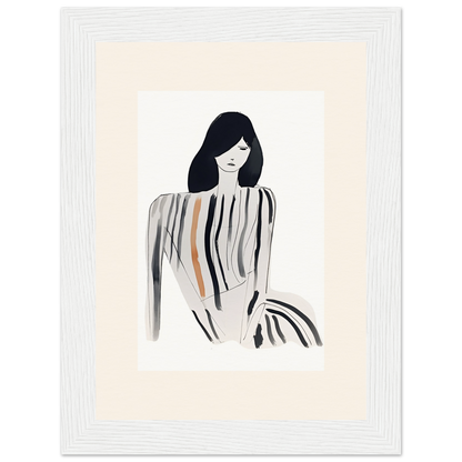 Minimalist sketch of a woman with long dark hair wearing a striped top.