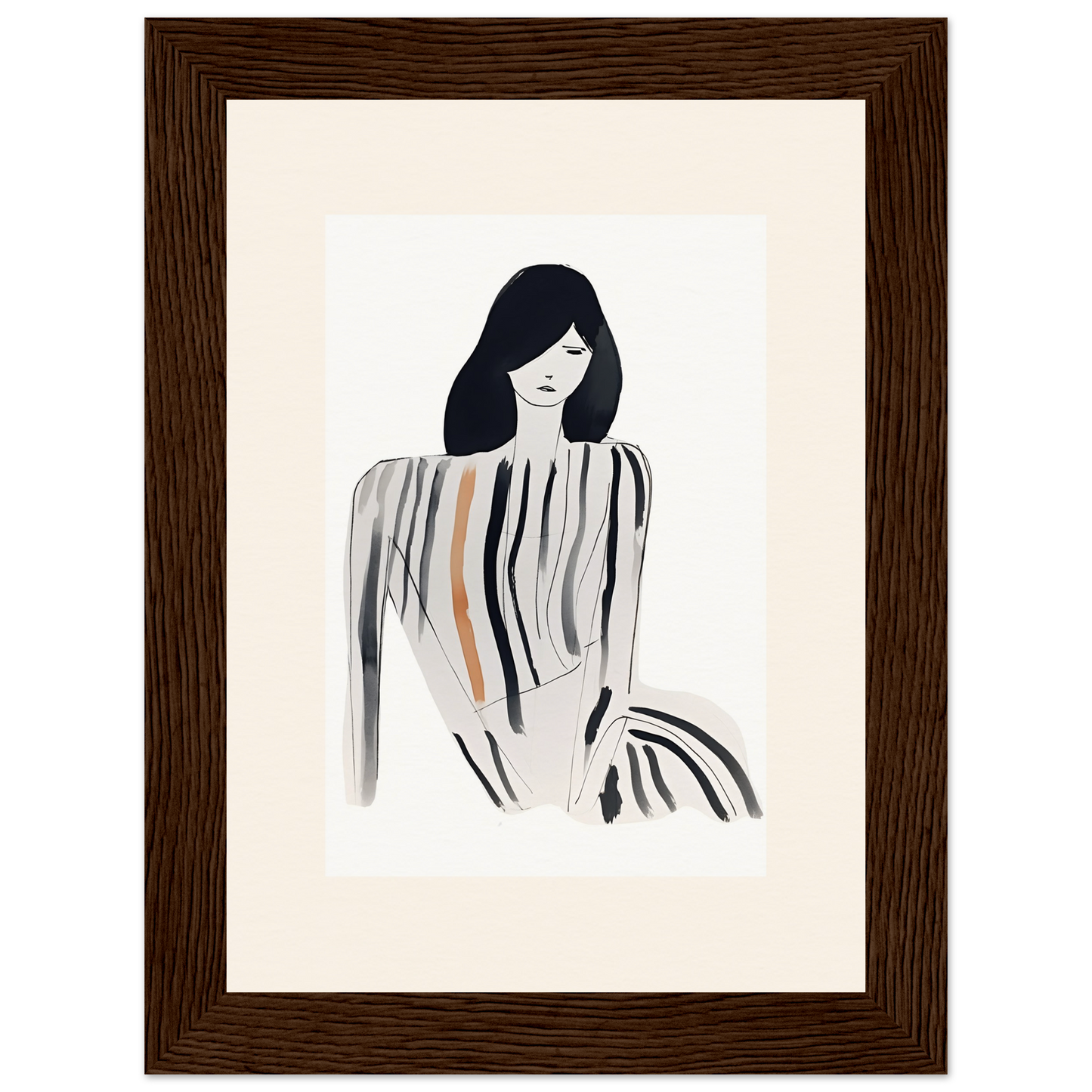 Minimalist illustration of a woman with long dark hair and a striped top.