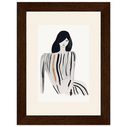 Minimalist illustration of a woman with long dark hair and a striped top.