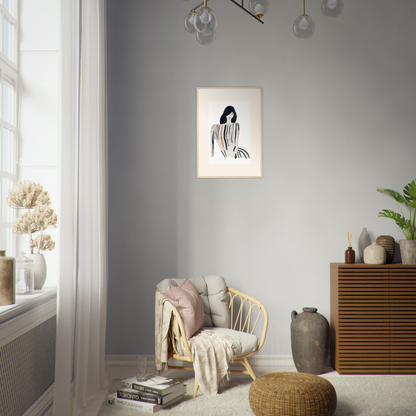 Minimalist living room corner with a wicker armchair and decorative artwork.