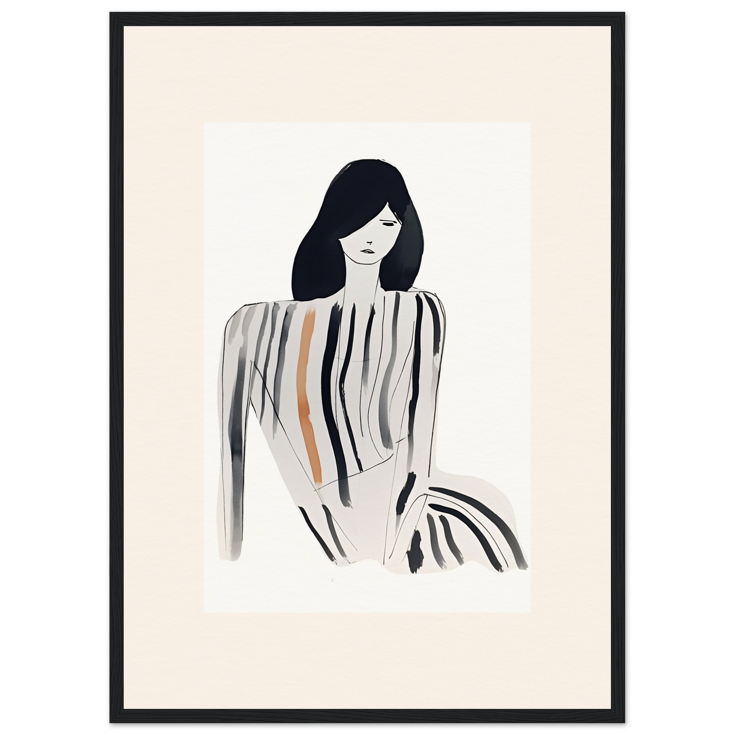 Minimalist illustration of a woman with long dark hair wearing a striped top.