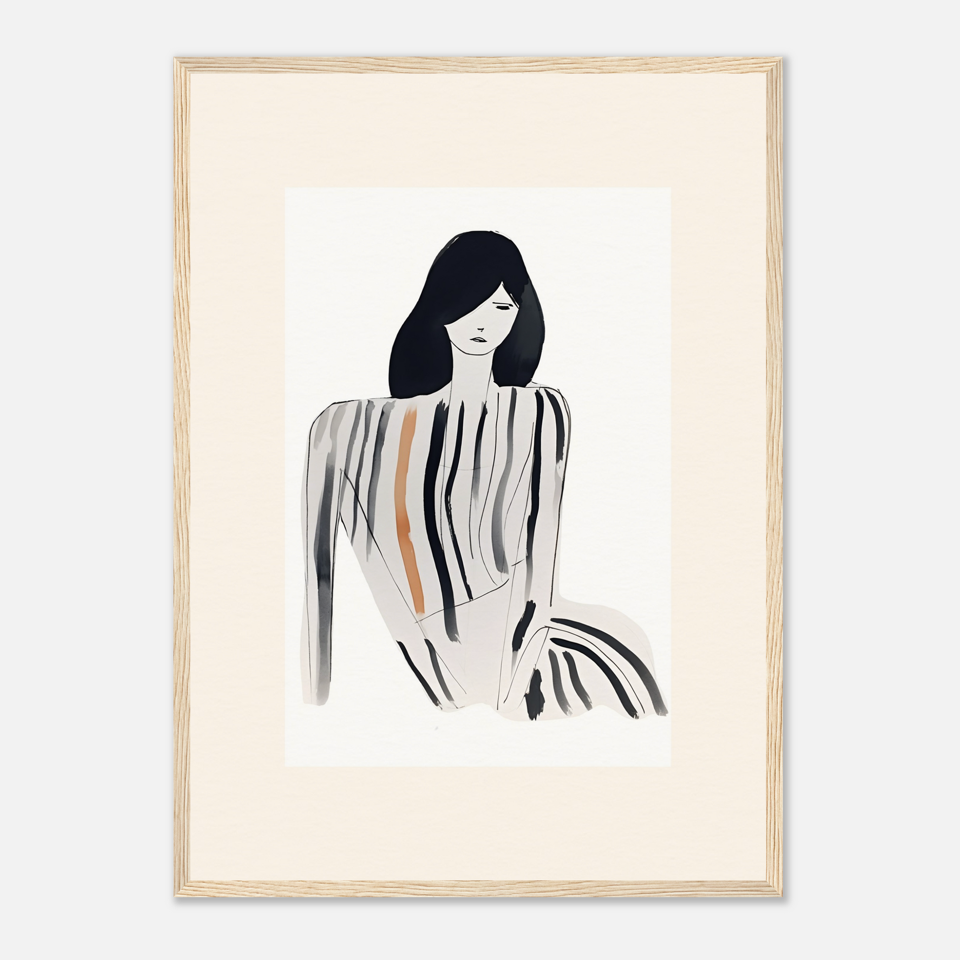 Minimalist illustration of a woman with long black hair and a striped outfit.